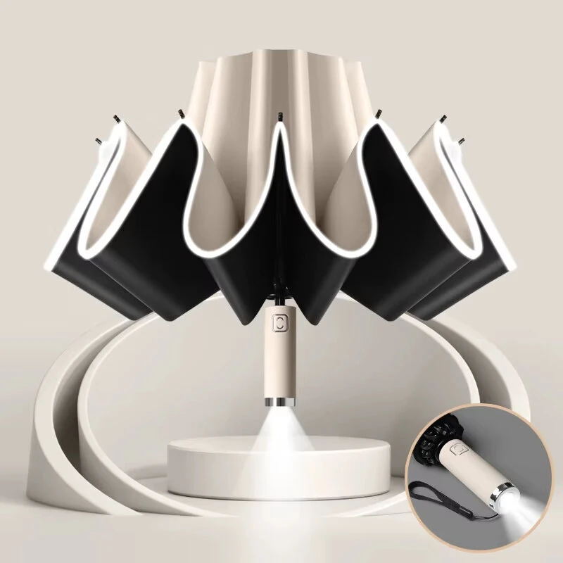 Automatic Folding Reverse Sun Umbrella Upgraded Windproof Design with Reflective Strip LED Light Convenient Handle Rainproof — view 11