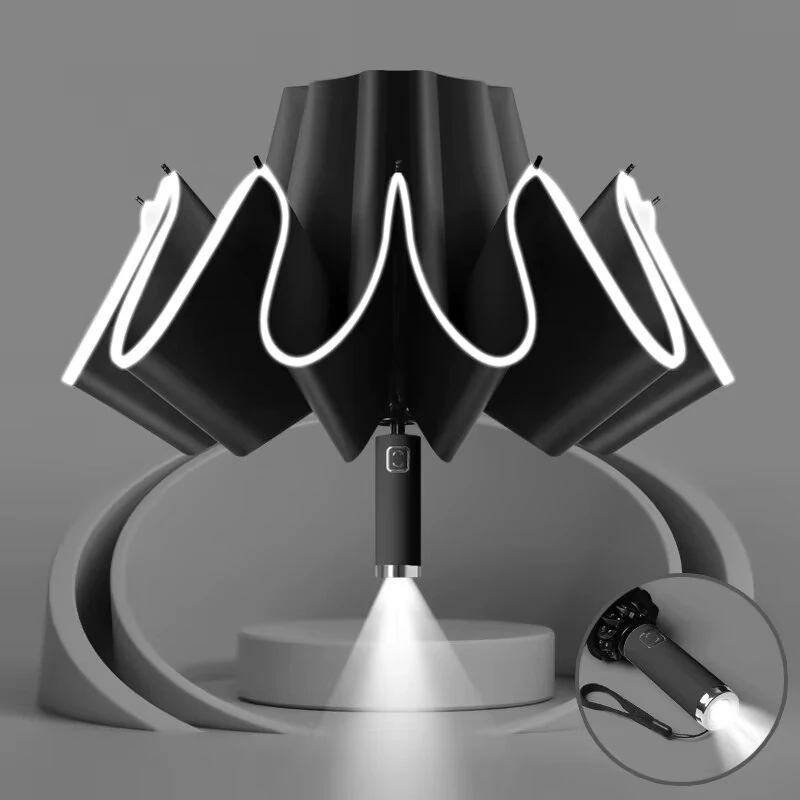 Automatic Folding Reverse Sun Umbrella Upgraded Windproof Design with Reflective Strip LED Light Convenient Handle Rainproof — view 2