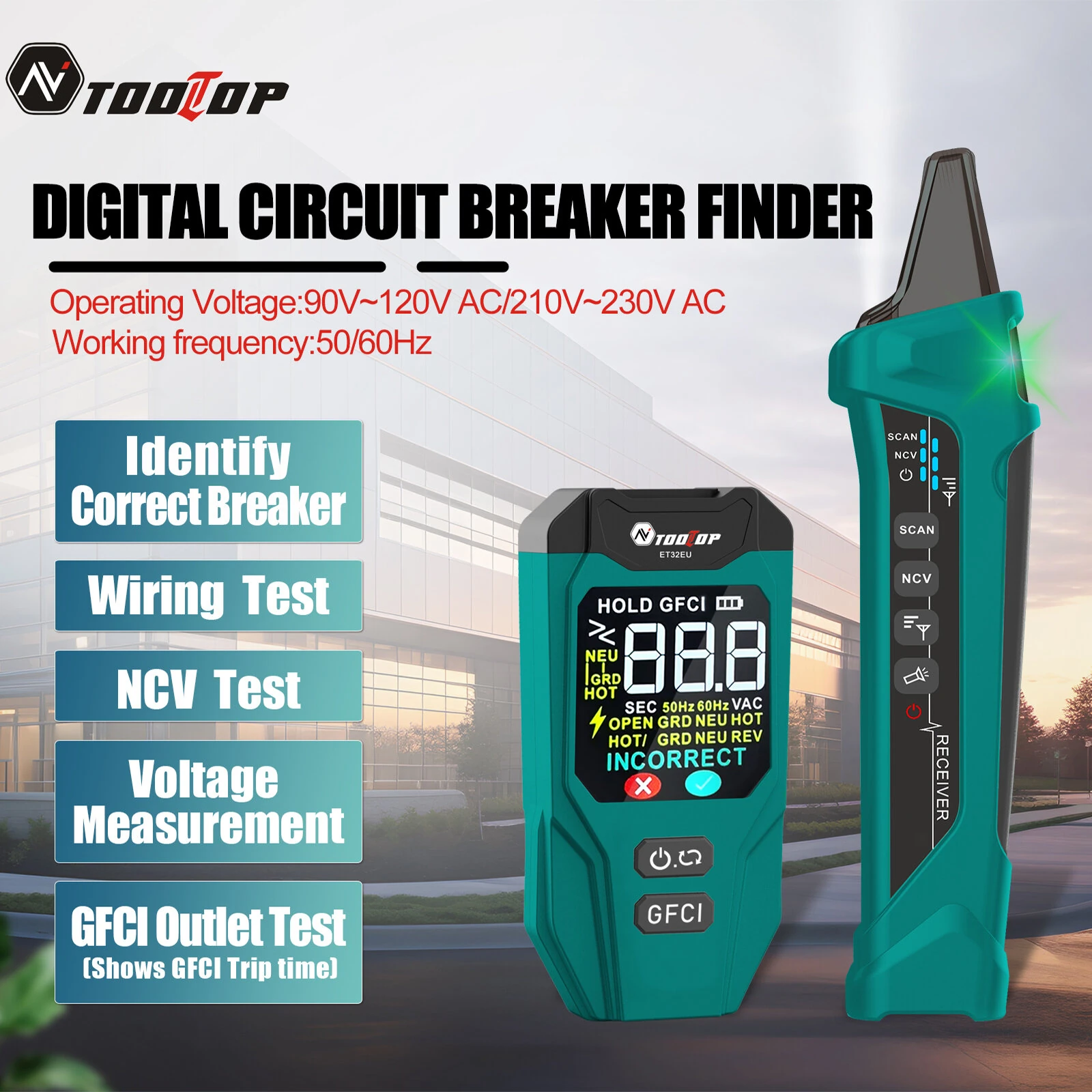 AV TOOLTOP ET32 Digital Circuit Breaker Finder Adjustable Sensitivity GFCI Testing NCV Voltage Tester Rechargeable Lithium Battery for Electrical Safety Inspection — view 2