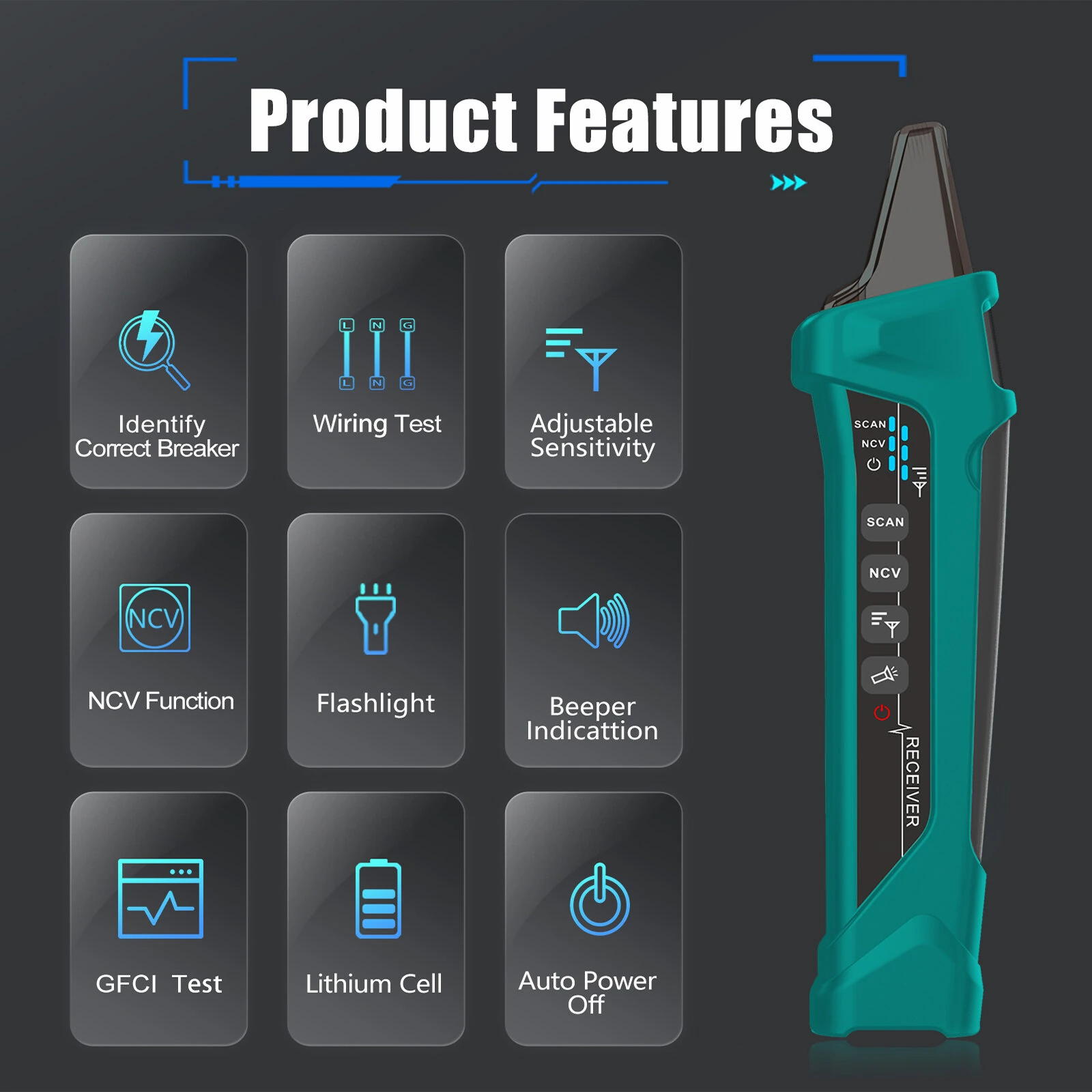 AV TOOLTOP ET32 Digital Circuit Breaker Finder Adjustable Sensitivity GFCI Testing NCV Voltage Tester Rechargeable Lithium Battery for Electrical Safety Inspection — view 3