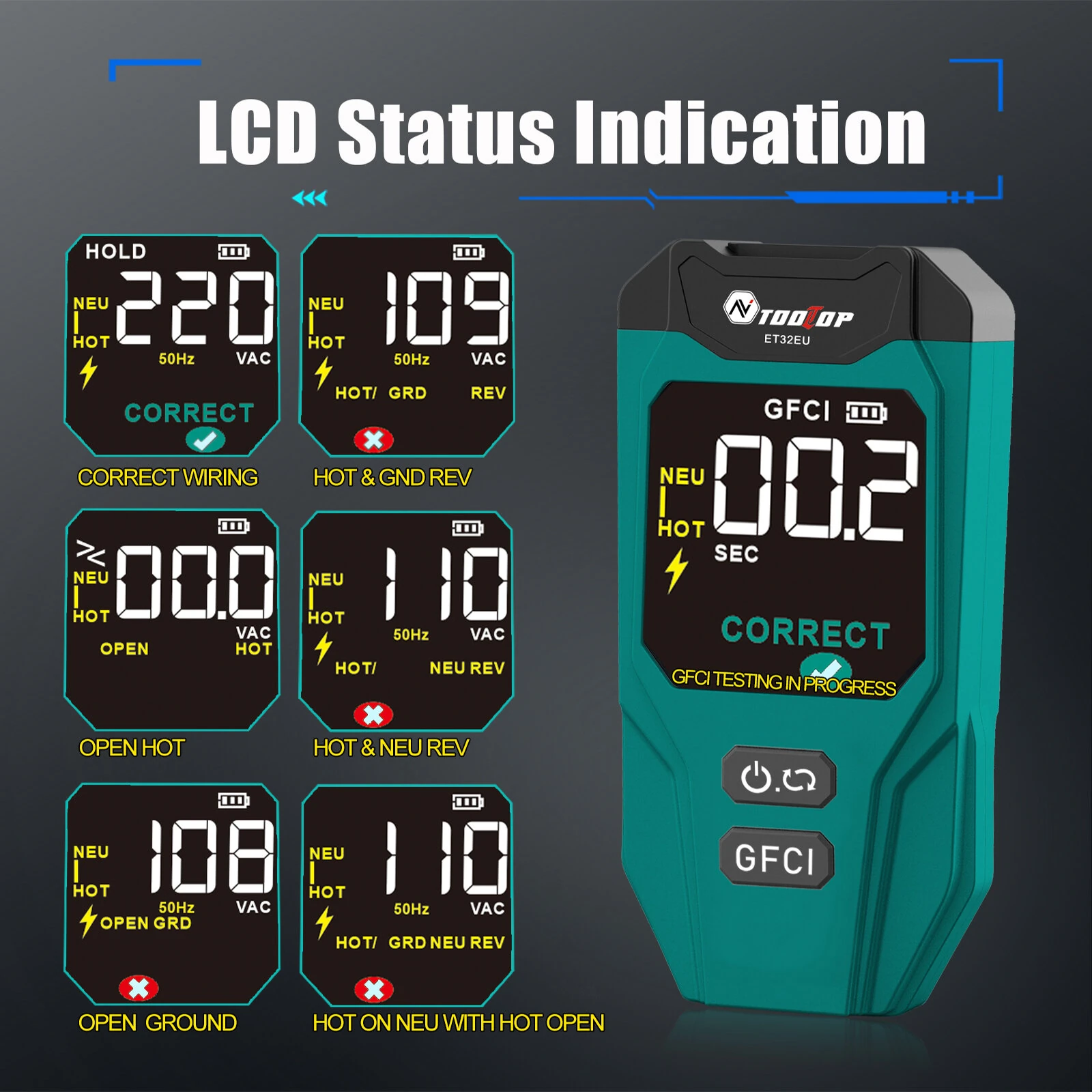 AV TOOLTOP ET32 Digital Circuit Breaker Finder Adjustable Sensitivity GFCI Testing NCV Voltage Tester Rechargeable Lithium Battery for Electrical Safety Inspection — view 9