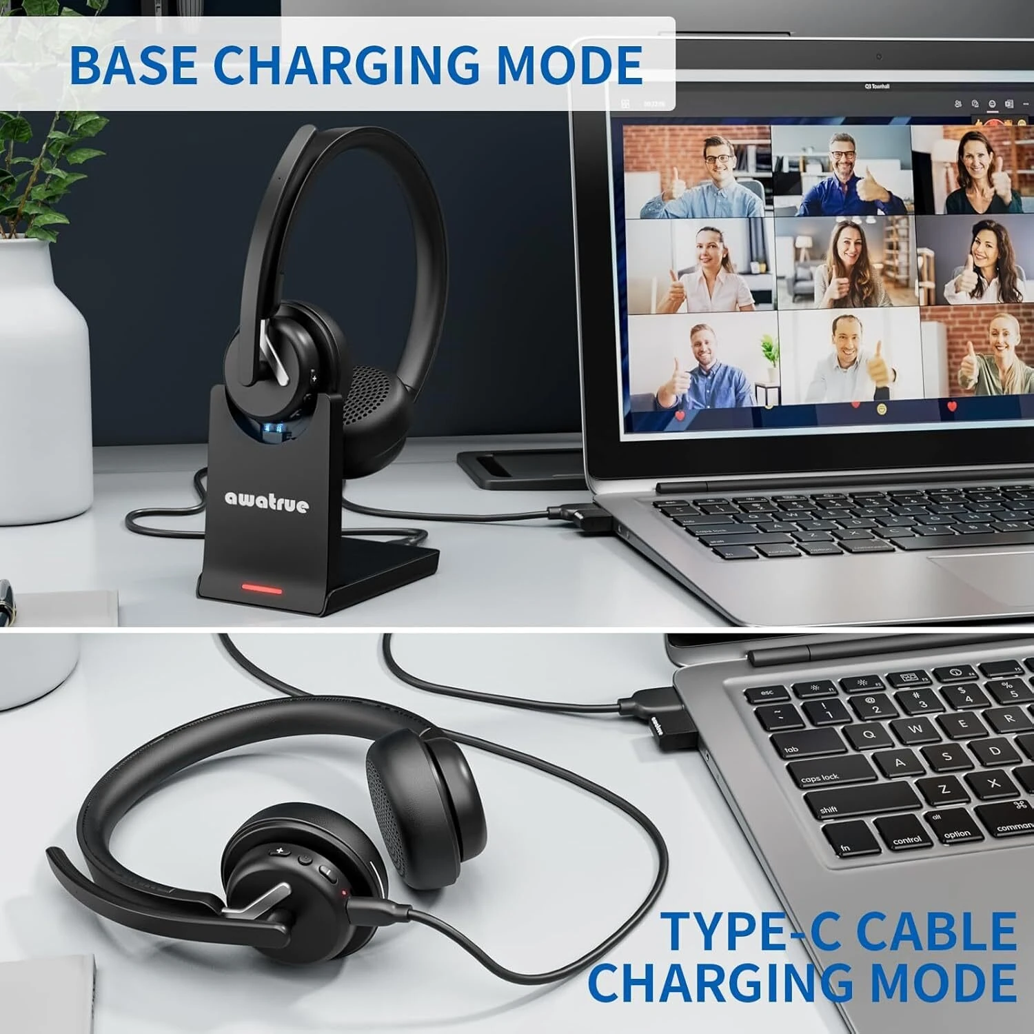 Awatrue EH11 2.4G Wireless Headset bluetooth Headphone with Charging Base AI Call Noise Cancelling 50mm Drive Unit 30H Play Time Comfortable Design On-ear Headphones with External Microphone — view 2