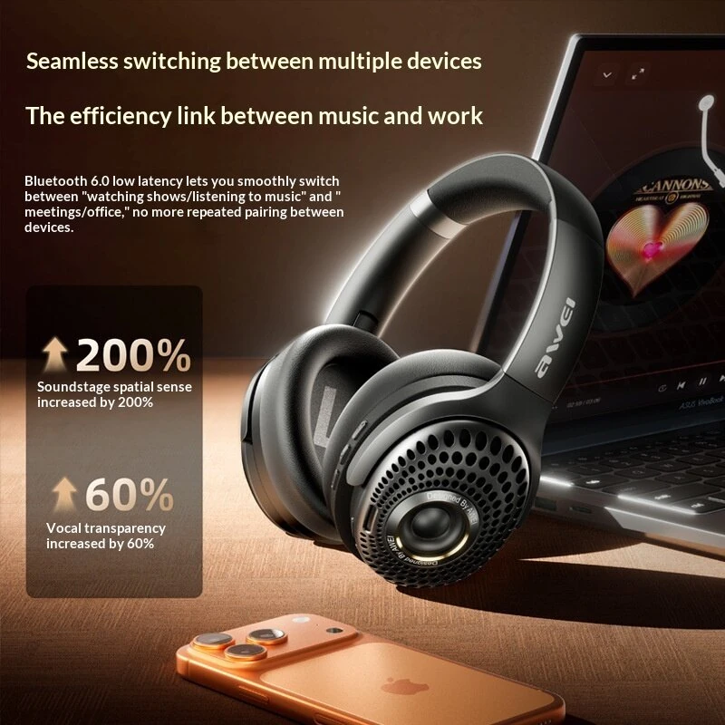 AWEI AT30 Wireless Speaker Headset bluetooth 6.0 Headphone 40mm Titanium-plated Composite Diaphragm HiFi Sound Foldable FM Mode Support AUX TF Card Playback Sports Headphones — view 6