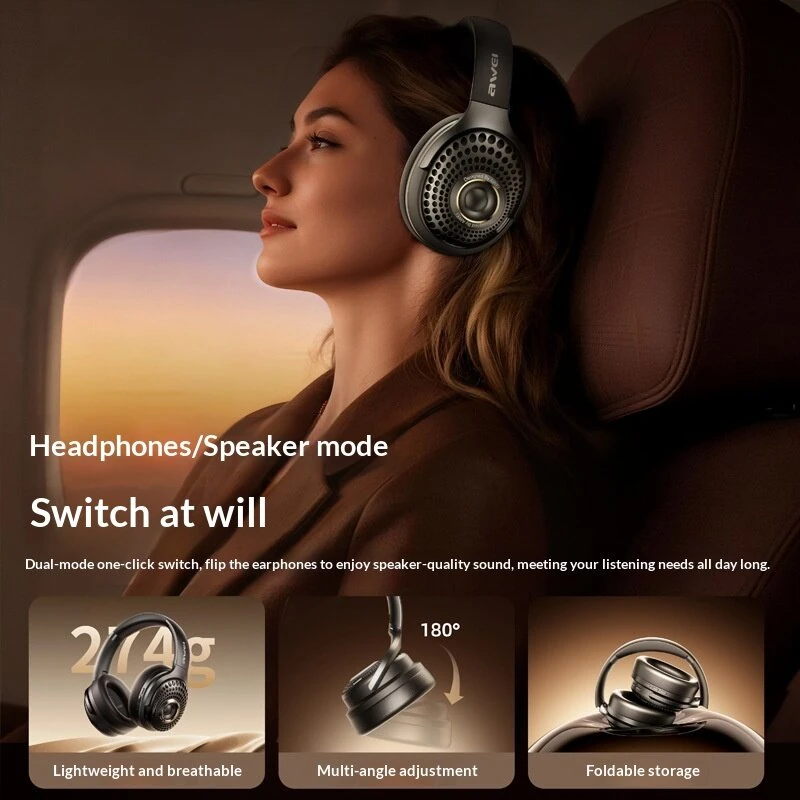 AWEI AT30 Wireless Speaker Headset bluetooth 6.0 Headphone 40mm Titanium-plated Composite Diaphragm HiFi Sound Foldable FM Mode Support AUX TF Card Playback Sports Headphones — view 7