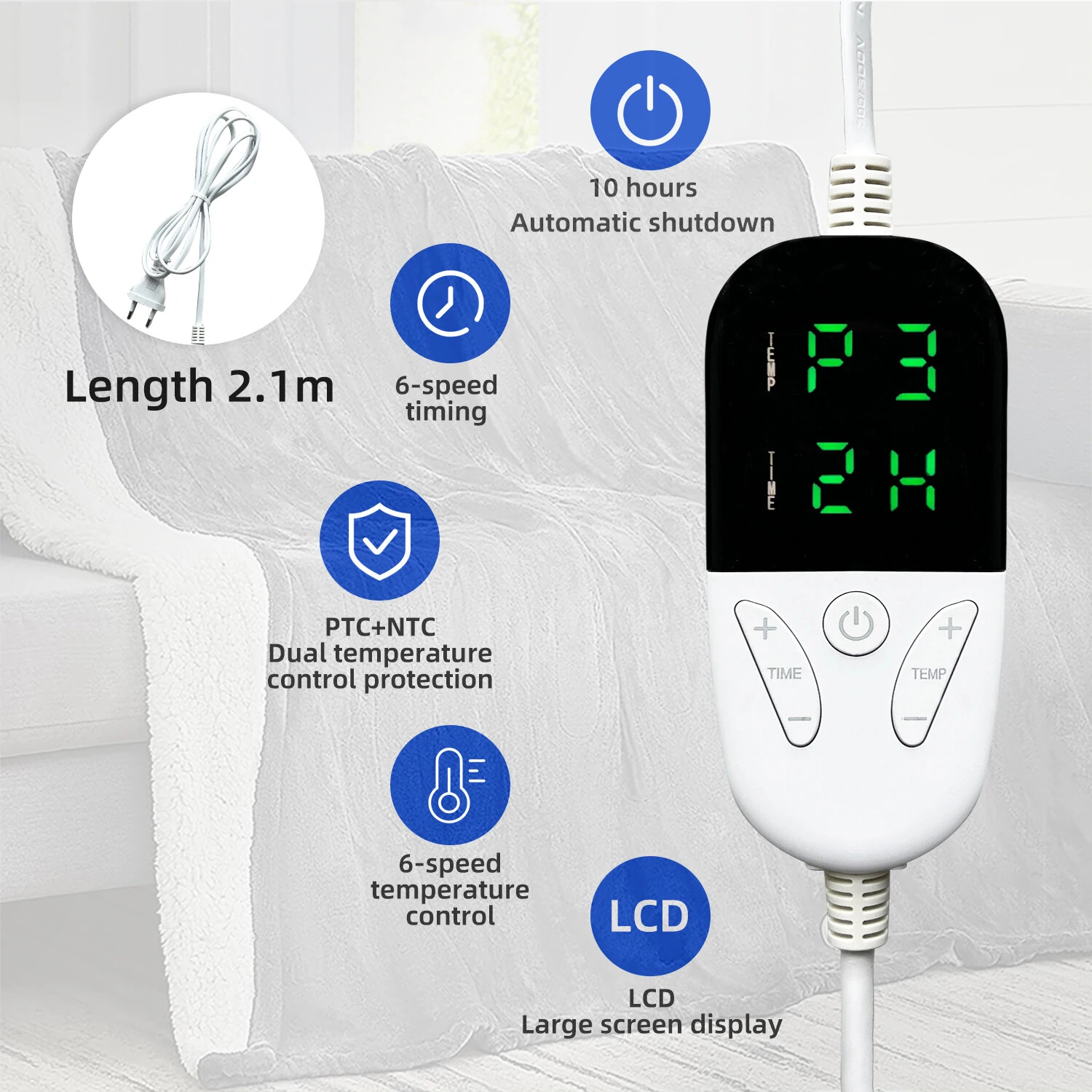 Baban 150*180cm Electric Heated Blanket Heating Bed Blankets Throw with 6 Heating Levels 10 Hours Auto Off Over-Heated Protection Ultra Soft Warm Flannel ETL Certified — view 6