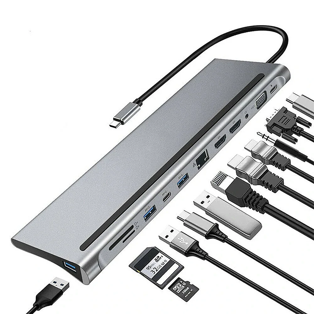 Bakeey 12-in-1 Type-C Docking Station USB-C Hub Splitter Adaptor with Dual 4K HDMI Display 1080P VGA 87W USB-C PD3.0 Power Delivery USB-C Data Transfer Port RJ45 Network Port 3.5mm Audio Jack 3*USB3.0 Memory Card Readers Multiport Hub for PC Laptop — view 2