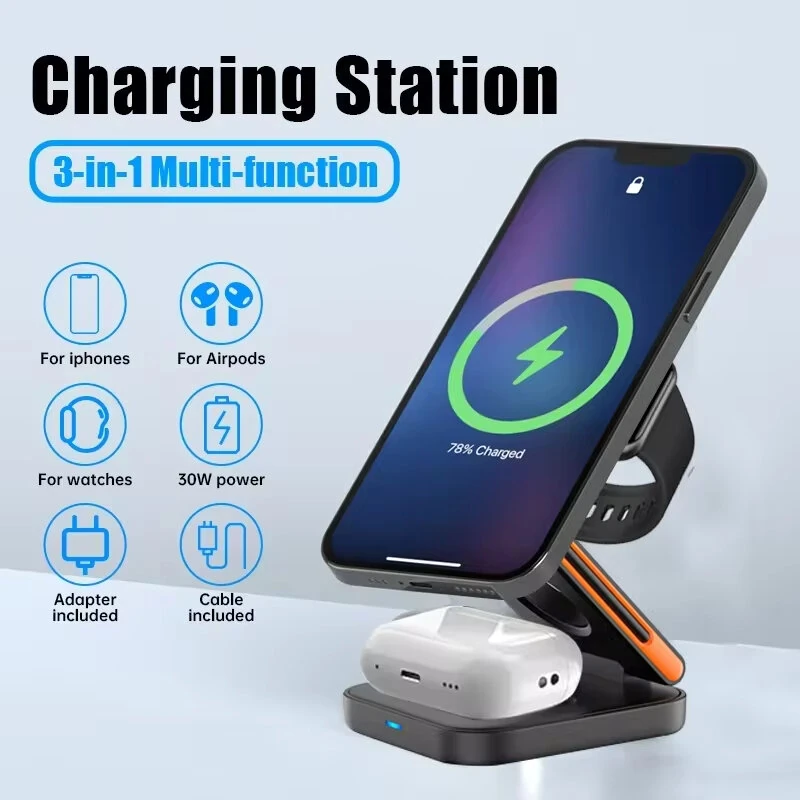 Bakeey 3-in-1 30W Foldable Wireless Charger Fast Magnetic Wireless Charging Stand for Smart Phones for iPhone 15 14 13 for Airpods for Apple Watch — view 3