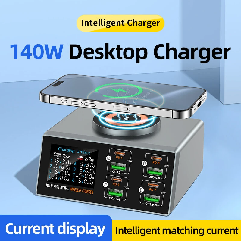 Bakeey WLX-X9S 140W 8-Port USB PD Charger 4USB-A+4USB-C PD QC3.0 Fast Wireless Charging Desktop Charging Station Support Digital Display EU Plug US Plug for iPhone 16 16 Pro 15 14 13 Pro Max for Xiaomi 15 Ultra for Samsung Galaxy S25 Ultra — view 3