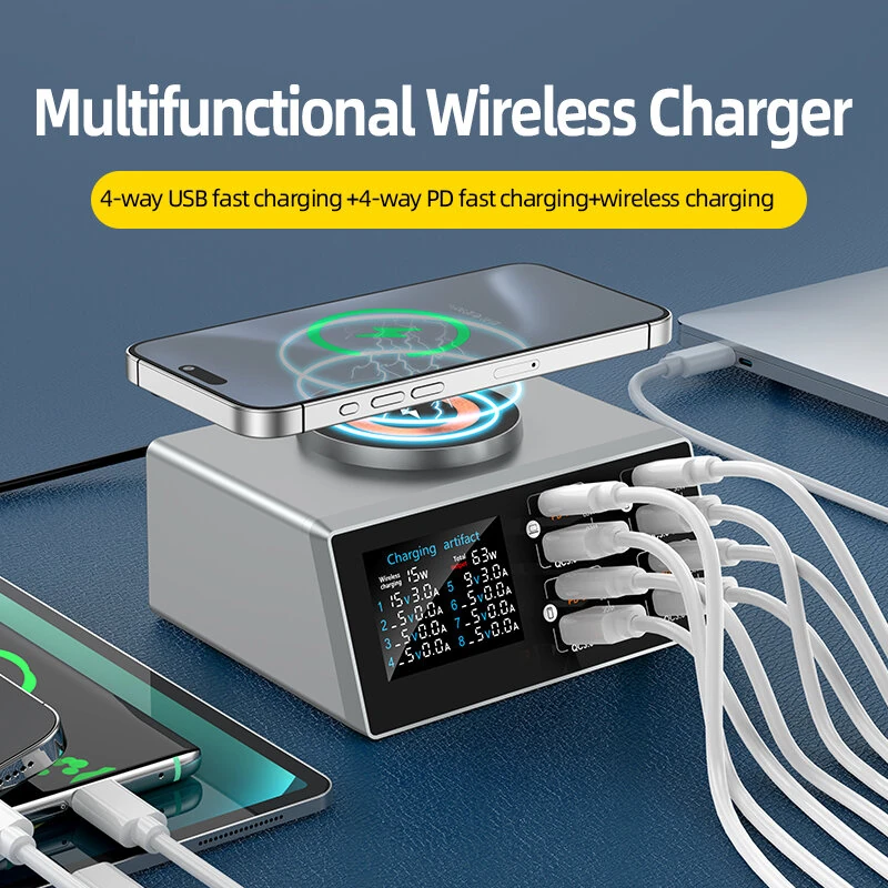 Bakeey WLX-X9S 140W 8-Port USB PD Charger 4USB-A+4USB-C PD QC3.0 Fast Wireless Charging Desktop Charging Station Support Digital Display EU Plug US Plug for iPhone 16 16 Pro 15 14 13 Pro Max for Xiaomi 15 Ultra for Samsung Galaxy S25 Ultra — view 5