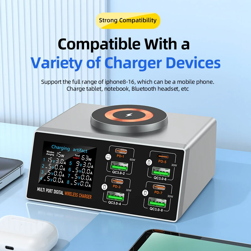 Bakeey WLX-X9S 140W 8-Port USB PD Charger 4USB-A+4USB-C PD QC3.0 Fast Wireless Charging Desktop Charging Station Support Digital Display EU Plug US Plug for iPhone 16 16 Pro 15 14 13 Pro Max for Xiaomi 15 Ultra for Samsung Galaxy S25 Ultra — view 6