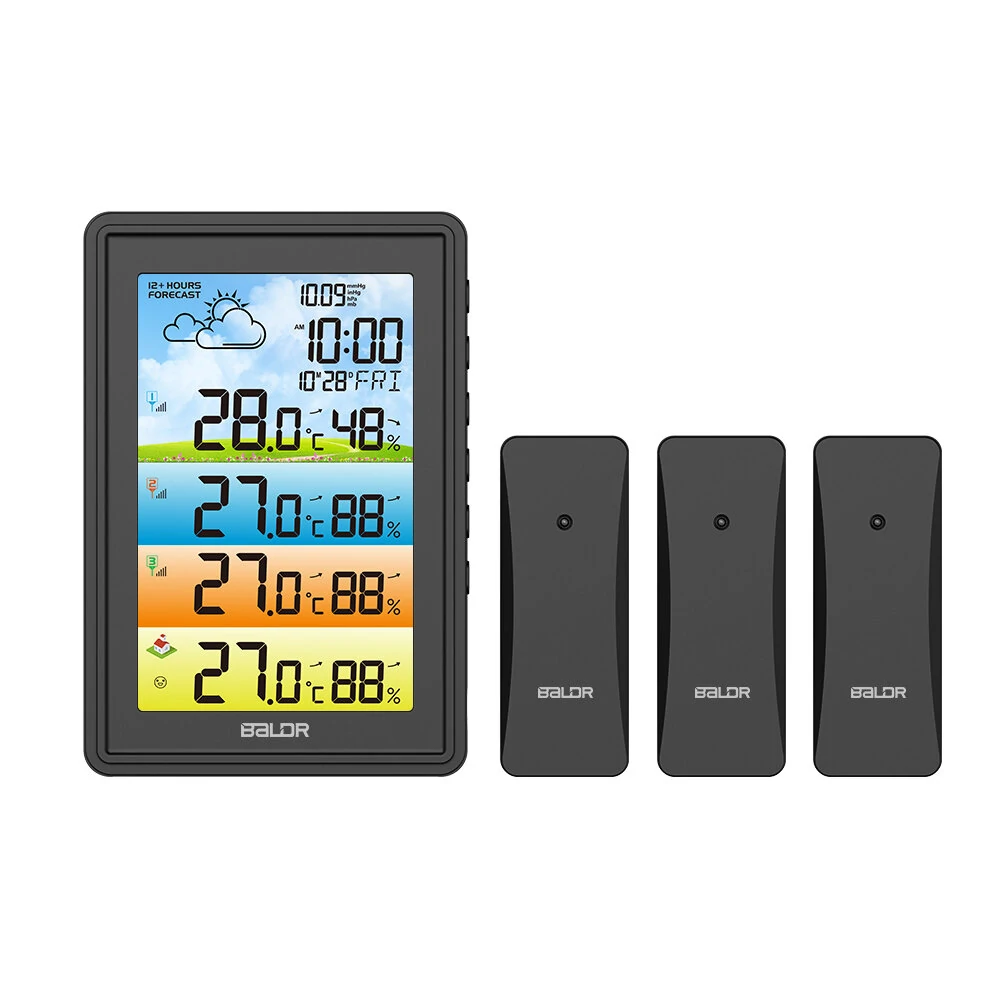 BALDR 3 Sensors Weather Station Wireless Indoor Outdoor Thermometer with Alarm Clock / Calendar / Weather Forecast — BALDR