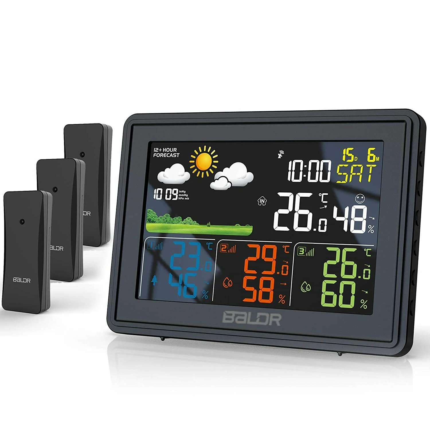 BALDR Weather Station Alarm Clock Wireless Indoor Outdoor Thermometer with Atomic Clock Forecast Station 3 Outdoor Sensors — view 2