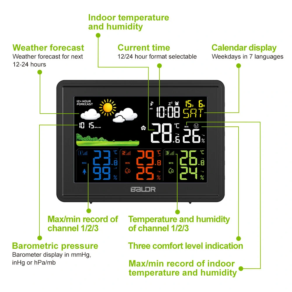 BALDR Weather Station Alarm Clock Wireless Indoor Outdoor Thermometer with Atomic Clock Forecast Station 3 Outdoor Sensors — view 6