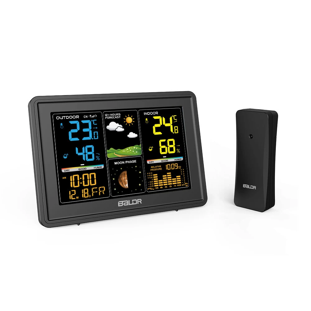BALDR Wireless Weather Station Digital Display Alarm Clock Calendar Temperature Hygrometer Meter Weather Forecast Radio Wave Moon Phase Barometer Sensor — BALDR