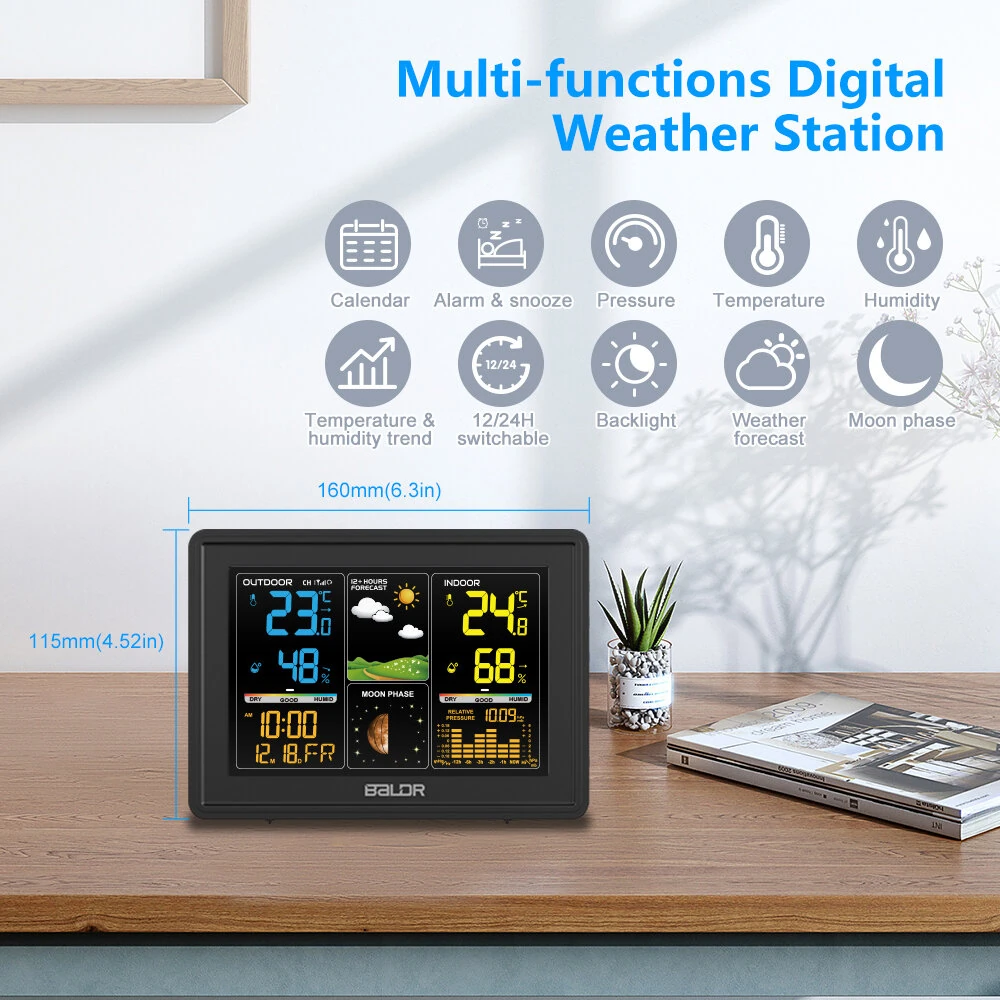BALDR Wireless Weather Station Digital Display Alarm Clock Calendar Temperature Hygrometer Meter Weather Forecast Radio Wave Moon Phase Barometer Sensor — view 4