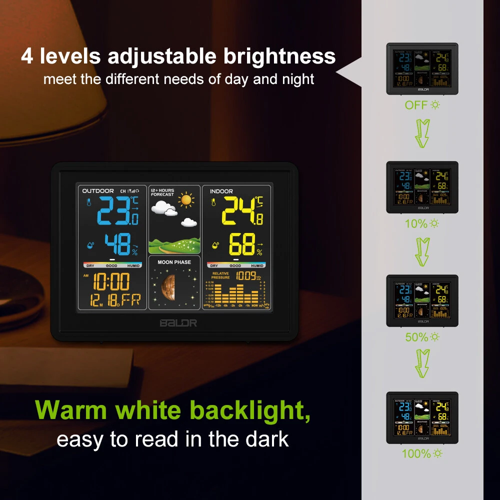 BALDR Wireless Weather Station Digital Display Alarm Clock Calendar Temperature Hygrometer Meter Weather Forecast Radio Wave Moon Phase Barometer Sensor — view 5