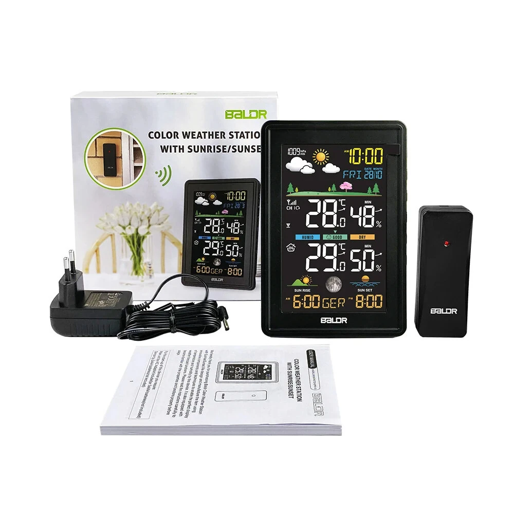 BALDR Wireless Weather Station Hygrometer Digital Alarm Clock Indoor Outdoor Temperature Humidity Monitor Barometer Forecast Moon Phase Frost Alert Backlight Calendar 12/24H Timer Multilingual Display RF Channels — view 9