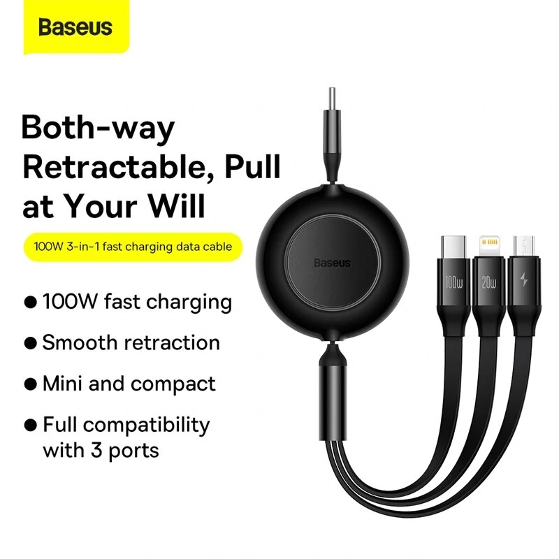 Baseus Bright Mirror Series II 100W Type-C to Micro/iP/Type-C Retractable Cable Fast Charging Data Transmission Copper Core Line 1.1M Long for iPhone 15 14 13 for Samsung Galaxy S24 for Xiaomi 14pro for Huawei Mate60 Pro — view 3