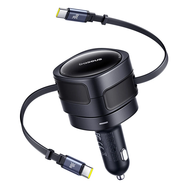 Baseus BSCC-TX-0-CC 60W 2-Port USB PD Car Charger Adapter Built-in Type-C+Type-C Retractable Cable Support PD QC SCP AFC PPS Fast Charging for iPhone 16 15 Pro 14 13 12 Pro Max for Samsung Galaxy Z Flip6 for Xiaomi 15pro for Huawei Mate XT — view 2