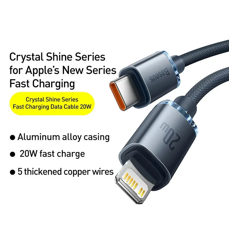 Baseus Crystal Series PD20W Type-C to iP Cable Fast Charging Data Transmission Tinned Copper Core Line 1.2M/2M Long for iPhone 14 14 Plus 13 14 12 for iPad — view 3