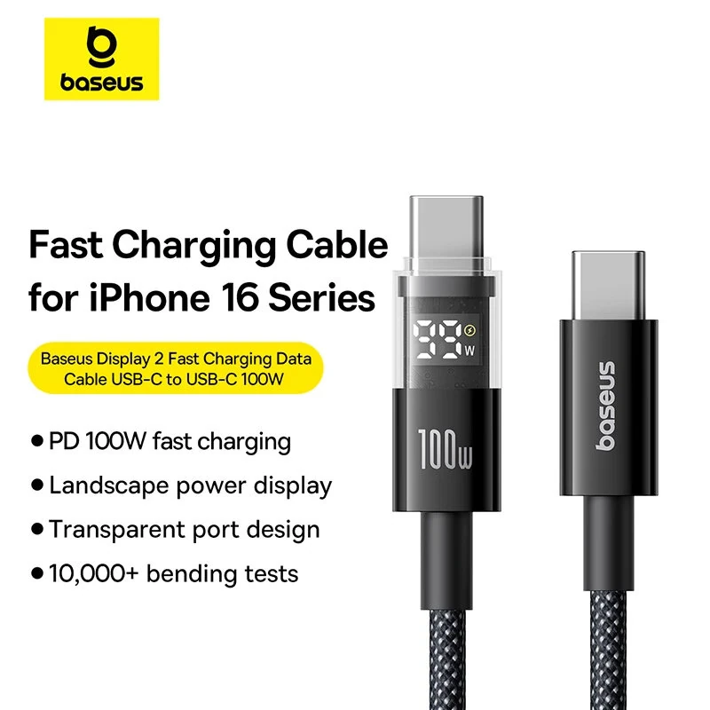 Baseus Display 2 PD100W Type-C to Type-C LED Display Cable Fast Charging Data Transmission Tin-plated Copper Core Line 1M/2M Long for iPhone 16 16 Pro 15 Pro Max for Huawei Mate XT for Xiaomi 15pro for Samsung Galaxy Z Flip6 — view 3