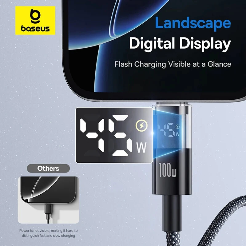 Baseus Display 2 PD100W Type-C to Type-C LED Display Cable Fast Charging Data Transmission Tin-plated Copper Core Line 1M/2M Long for iPhone 16 16 Pro 15 Pro Max for Huawei Mate XT for Xiaomi 15pro for Samsung Galaxy Z Flip6 — view 6