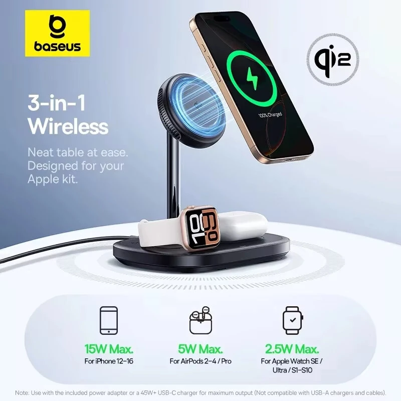Baseus EnerFill FS41 15W 3-in-1 Magnetic Wireless Charger Fast Wireless Charging Stand with TEC Cooling for Smart Phones for iPhone 16 16 Pro 15 14 13 Pro Max for Samsung Galaxy Z Fold7 for Huawei Pura 80 Ulta for OPPO for XIAOMi for Apple Watch for Airpo — view 5