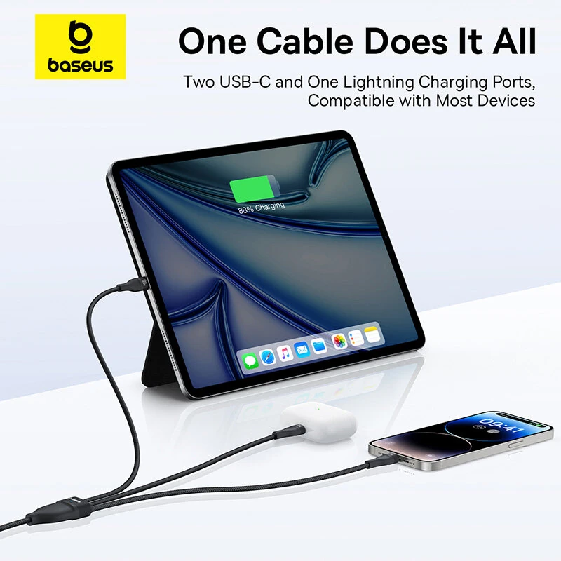 Baseus Flash Series 3 100W Type-C to Type-C+Type-C+iP Cable PD Fast Charging Data Transmission Copper Core Line 1.5M Long for iPhone 16 16 Pro 15 14 13 Pro Max for Huawei Mate XT for Xiaomi MIX Fold4 for Samsung Galaxy Z Flip6 — view 5