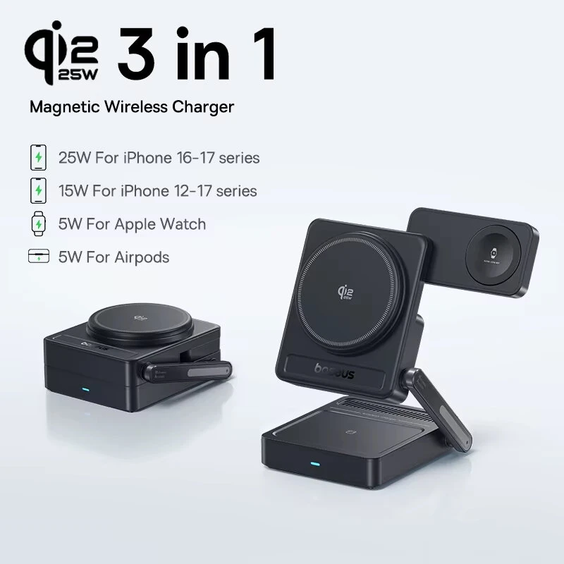 Baseus PicoGo AF21 3-in-1 Qi2.2Magnetic Wireless Charger Stand 25W Fast Wireless Charging Mount Bracket for Smart Phones for iPhone 17 17Pro 16 Pro Max 15 14 13 for Huawei Mate XTs for Xiaomi 17pro for OPPO for Airpods for Apple Watch — view 3