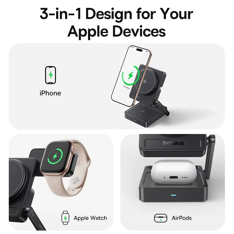 Baseus PicoGo AF21 3-in-1 Qi2.2Magnetic Wireless Charger Stand 25W Fast Wireless Charging Mount Bracket for Smart Phones for iPhone 17 17Pro 16 Pro Max 15 14 13 for Huawei Mate XTs for Xiaomi 17pro for OPPO for Airpods for Apple Watch — view 5