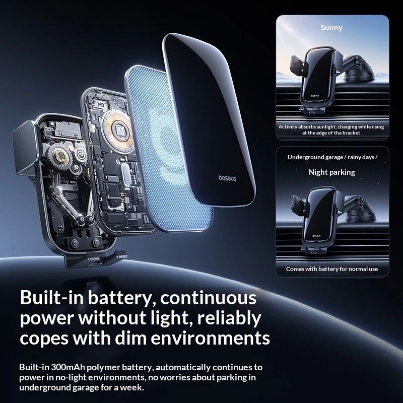 Baseus PrimeTrip VL1 Solar Powered Automatic Car Phone Holder with Auto Sensor Clamp 360° Rotation 300mAh Battery Central Console Mount Bracket Universal Compatible for 5.4-7.2 Inch Smartphones — view 2