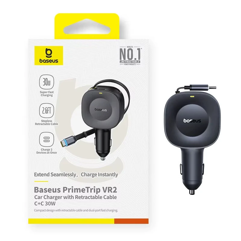 Baseus PrimeTrip VR2 30W 2-Port USB Car Charger Come with Type-C Retractable Cable Fast Charging 360° Rotation for iPhone 17 17Pro 16 15 Pro Max for Huawei Mate XTs for Xiaomi 17pro for VIVO for OPPO