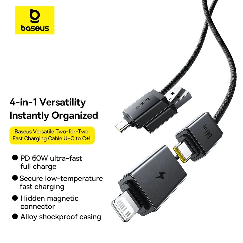 Baseus Versatile 60W USB-A+USB-C to USB-C+iP Cable PD Fast Charging Data Transmission Copper Core Line 1M/2M Long for  iPhone 16 Pro 15 Pro Max 14 13 12 for Huawei Mate XT for Xiaomi 15pro for Samsung Galaxy Z Flip6 — view 3