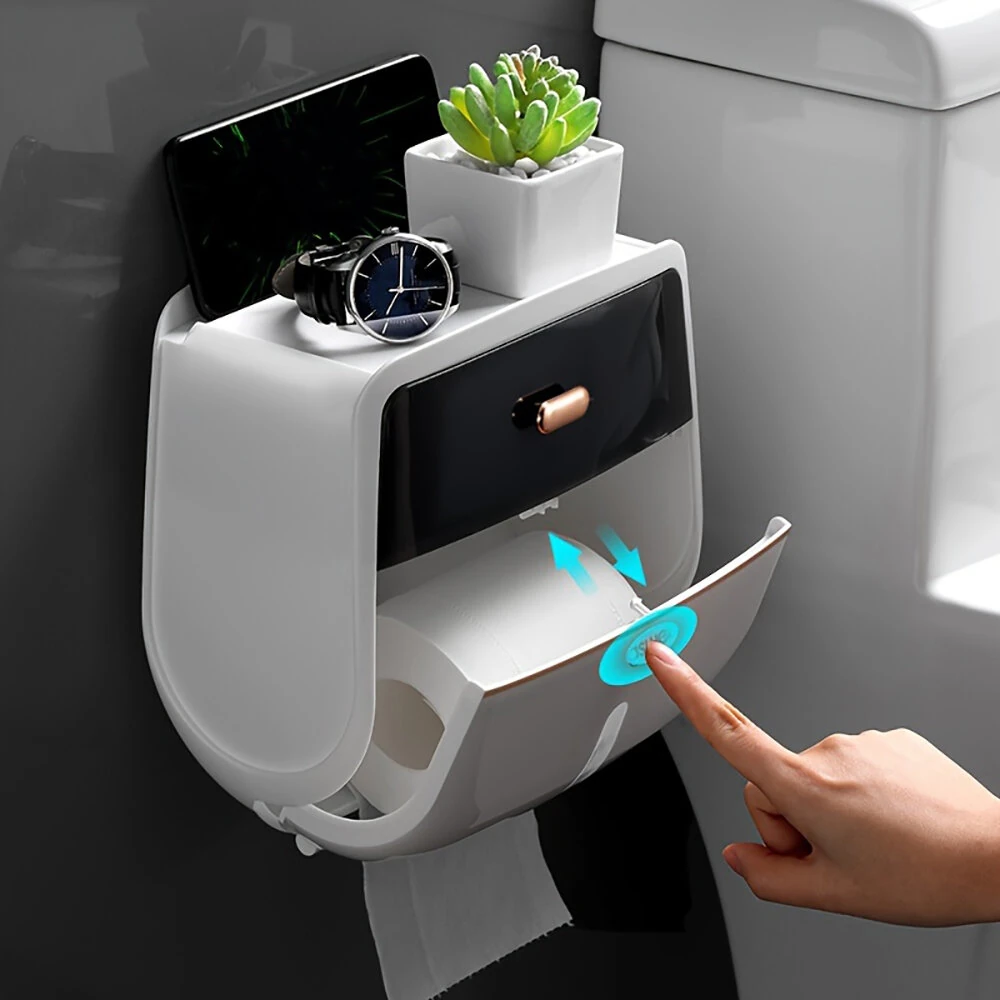 Bathroom Organizer Shelf Wall Mount Toilet Paper Holder Large Capacity Wall-mounted Double-layer Toilet Paper Holder No Drilling Installation Waterproof Paper Towel Storage Box Suitable for Bathroom Organization — view 2