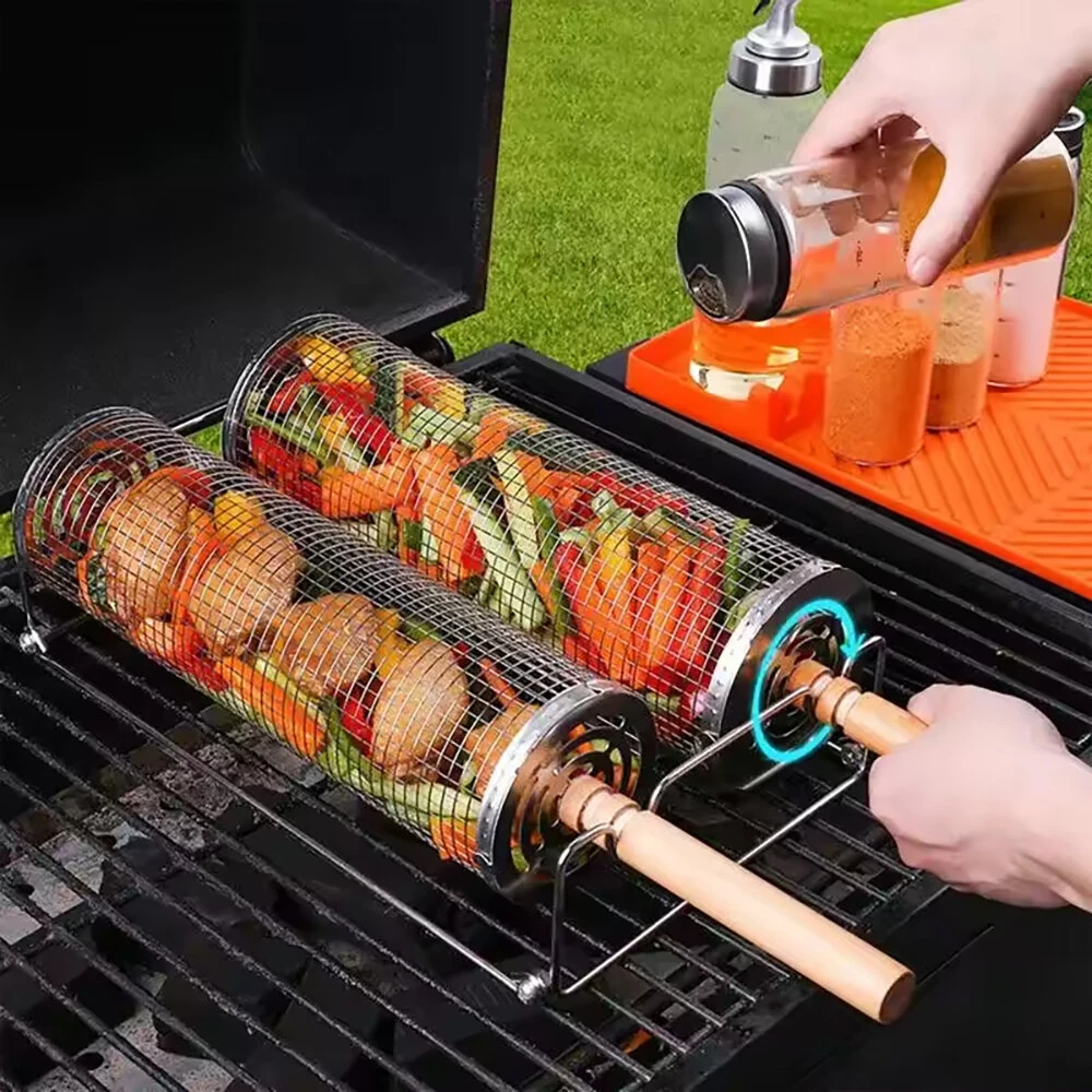 BBQ Grill Basket Round BBQ Cage Outdoor BBQ Smoking Cage Portable BBQ Net Rotating Drum Stainless Steel Grill Cage Round BBQ Basket with Handle Fish Roaster Outdoor Grill — BBQ