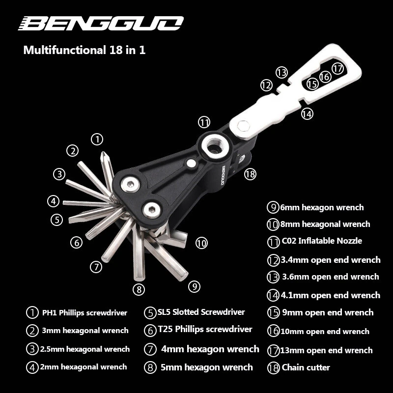 BENGGUO 18 in 1 Bicycle Multitool Wrench Repair Tool Kit Screwdriver and Chain Mini Portable Repair Accessories for MTB and Road Bikes — view 6