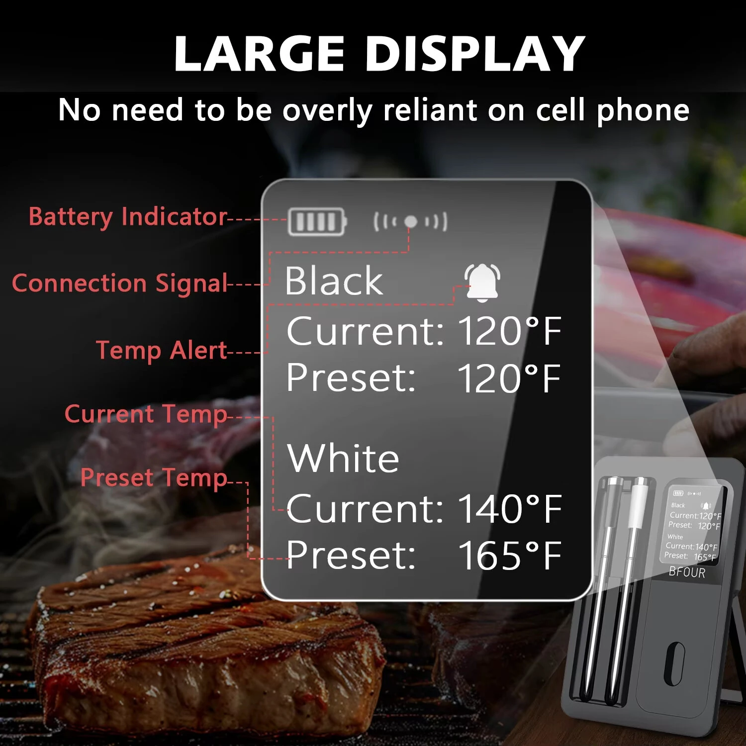 BF-30/BF-40 Wireless Meat Thermometer 328ft Long Range Bluetooth IP67 Waterproof Probes with LCD Booster for Grilling Smoker Oven BBQ — view 5
