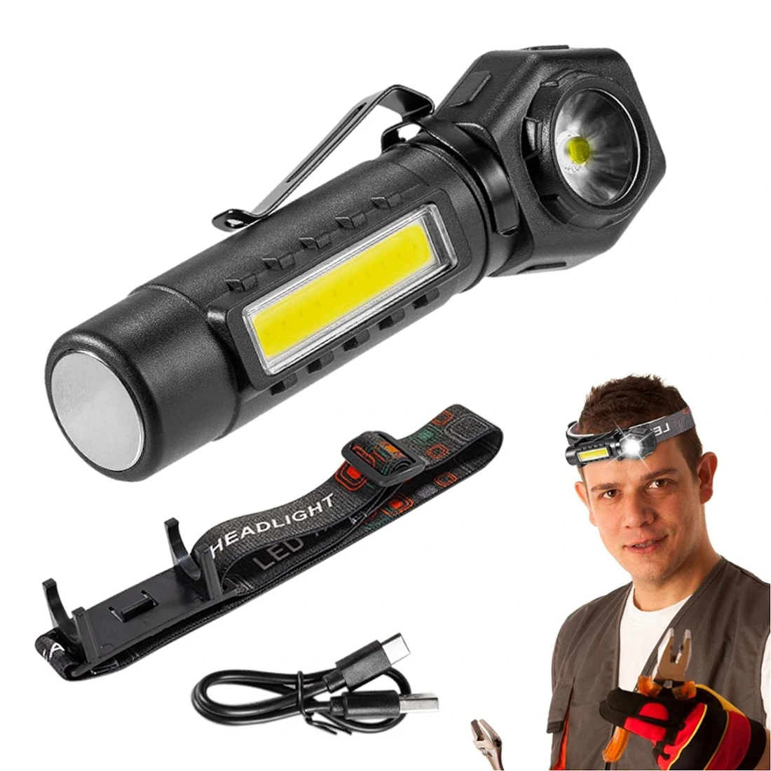 BIKIGHT LED COB Dual Light 2 in 1 Headlamp Flashlight,1800mAh Type-C Rechargeable Magnetic Work Lights 5 Modes Portable Working Flash Light — Bikight