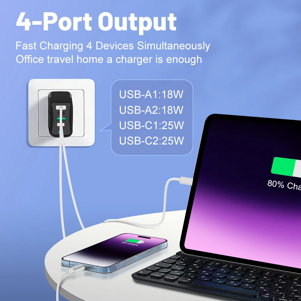 BK304-2A2C 100W 4-Port USB PD Charger 2USB-A+2USB-C PD QC3.0 Fast Charging Wall Charger Adapter EU Plug US Plug for iPhone 16 16 Pro 15 14 13 for Xiaomi 15pro for Samsung Galaxy Z Flip6 for Huawei Mate 70 — view 4