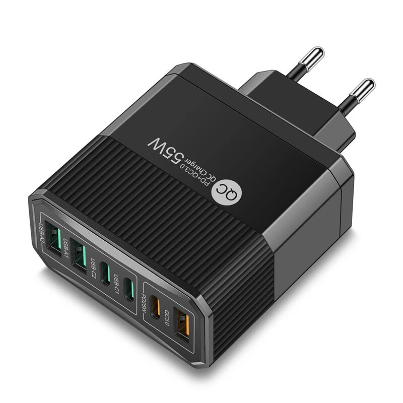 BK304 PD55W 6-Port USB PD Charger 3USB-A+3USB-C PD QC3.0 Fast Charging Wall Charger Adapter EU Plug US Plug for iPhone 16 16 Pro for Samsung Galaxy Z Flip6 for Xiaomi 15pro for Huawei Mate XT — view 2