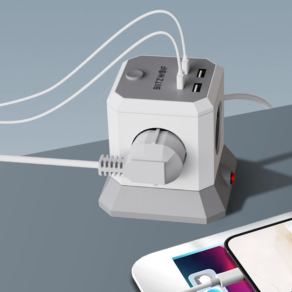 BlitzWolf BW-EC1 8-in-1 Vertical Cube EU Socket Plug Power Outlet Extender with 4 AC Outlets / 2 USB-A / 2 USB-C for MacBook iPad Game Office Home — view 5