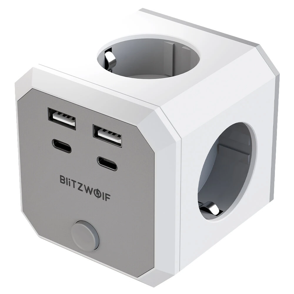 BlitzWolf BW-EC2 8-in-1 Wall Cube Socket EU Plug Power Outlet Extender 4000W with Switch 4 AC Outlets / 2 USB-A / 2 USB-C for Home Bedroom Travel — view 2