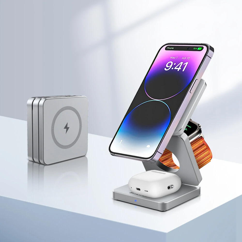 BlitzWolf BW-iw30 3-in-1 Foldable Magnetic 15W Wireless Charger Fast Charging Station for iPhone 15 14 13 12 Pro/Max/Plus for Apple Watch 9/8/7/6/5/4/3/2/SE/Ultra 2 for AirPods 3/2/Pro