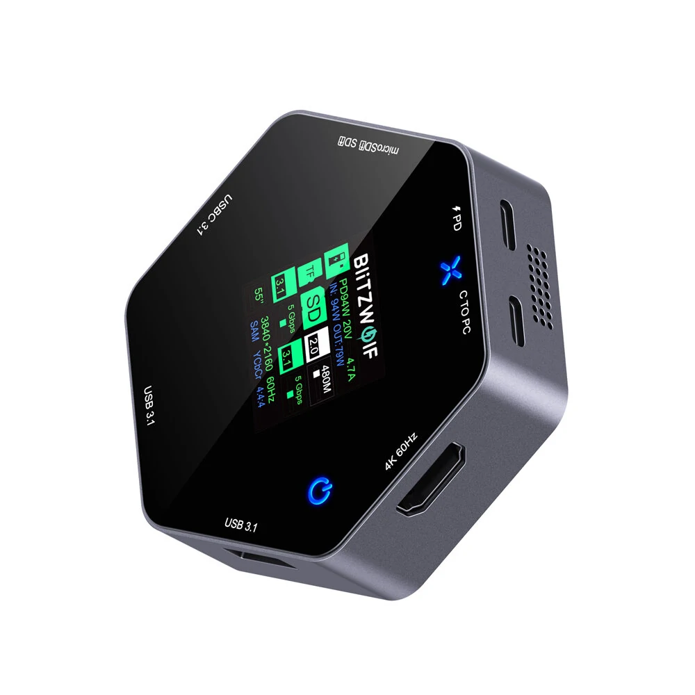 BlitzWolf BW-TH16 8 in 1 USB Hub LCD Smart Display Type-c Docking Station with USB3.1 Type-C 3.1 HD 4K@60Hz SD/TF Card Slots 100W PD Power Delivery — view 4