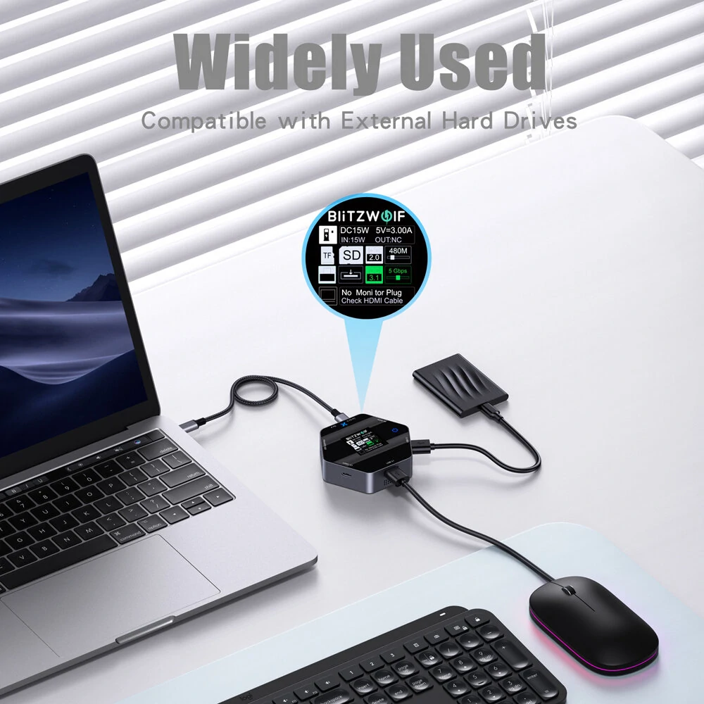 BlitzWolf BW-TH16 8 in 1 USB Hub LCD Smart Display Type-c Docking Station with USB3.1 Type-C 3.1 HD 4K@60Hz SD/TF Card Slots 100W PD Power Delivery — view 6