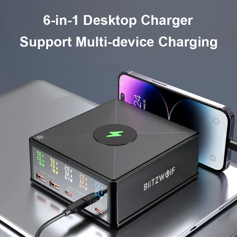 BlitzWolf® 868H 160W 5-Port USB PD Desktop Charger Dual USB-A QC3.0+Dual PD65W Type-C+65W Type-C PD3.0 with 15W 10W 7.5W 5W Wireless Fast Charger for iPhone 14 14 Pro Max for Samsung Galaxy Z Fold 4 S22 Ultra — view 4