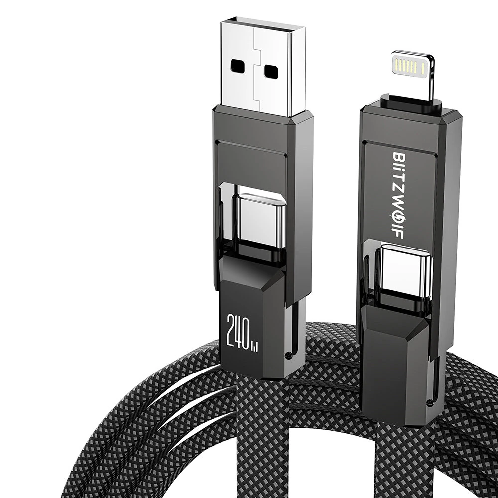 BlitzWolf® BW-HDC7 4-in-1 Fast Charging Cable PD240W 1.2M USB-C Data Cable Nylon Braided Extended Car Charging — BlitzWolf