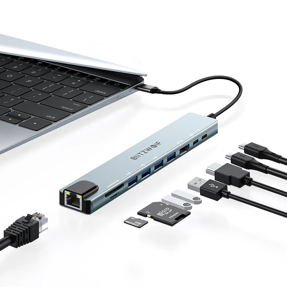 BlitzWolf® BW-NEW TH5 10 in 1 USB Hubs with HD 4K@30Hz USB3.0 / USB2.0 / Type-C 2.0 / RJ45 Ethernet / 100W PD Charging / SD TF Card Slots Docking Station for Apple Huawei Laptops Macbook — BlitzWolf