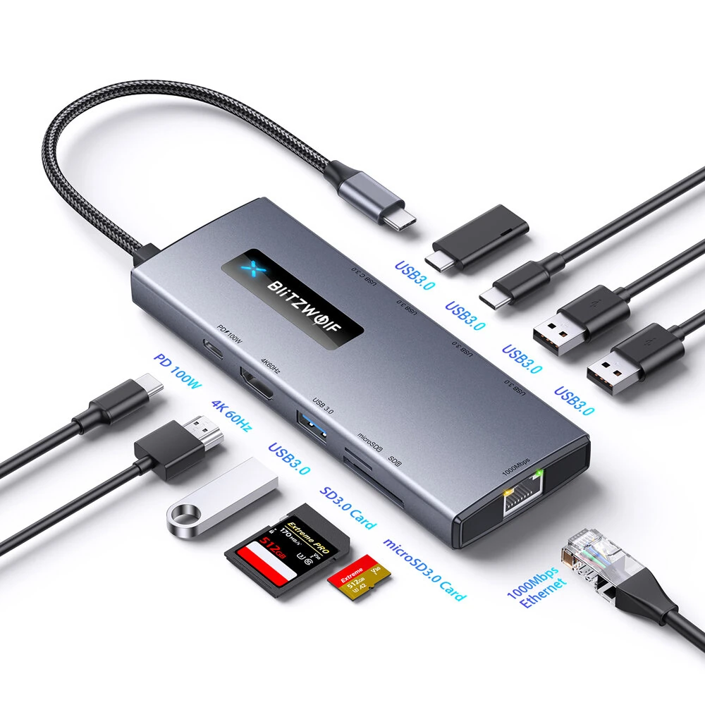 BlitzWolf® BW-NEW TH8 10-in-1 Type-C HUB with Type-C PD 100W   Power Delivery USB3.0 Type-C 3.0 4K@60HZ 3.0 SD & TF Card Slot RJ45 1000Mbps — view 2