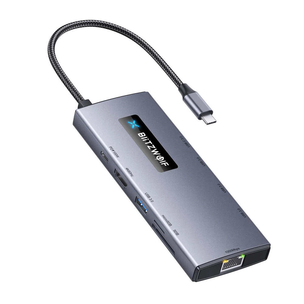 BlitzWolf® BW-NEW TH8 10-in-1 Type-C HUB with Type-C PD 100W   Power Delivery USB3.0 Type-C 3.0 4K@60HZ 3.0 SD & TF Card Slot RJ45 1000Mbps — view 3